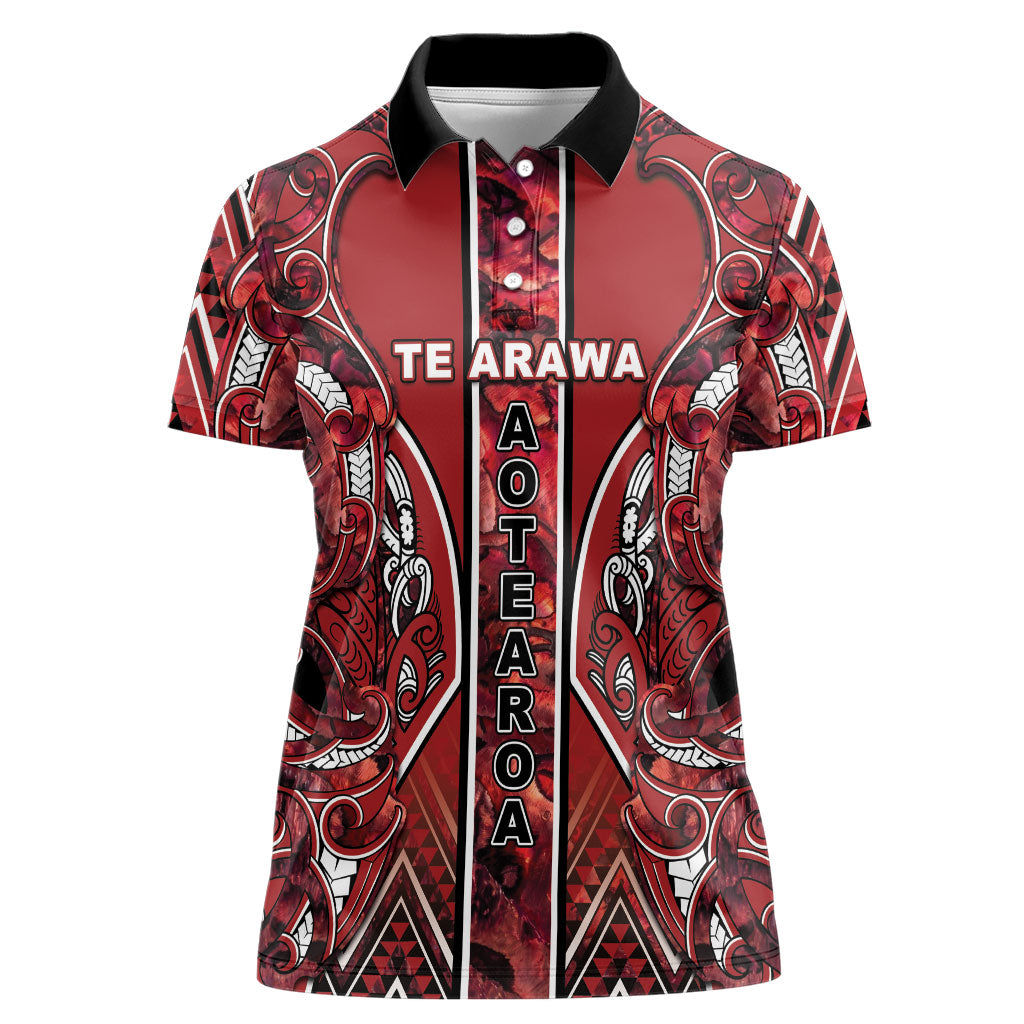 Aotearoa Te Arawa Women Polo Shirt Maori Tribal Dark Red Paua Shell Pattern
