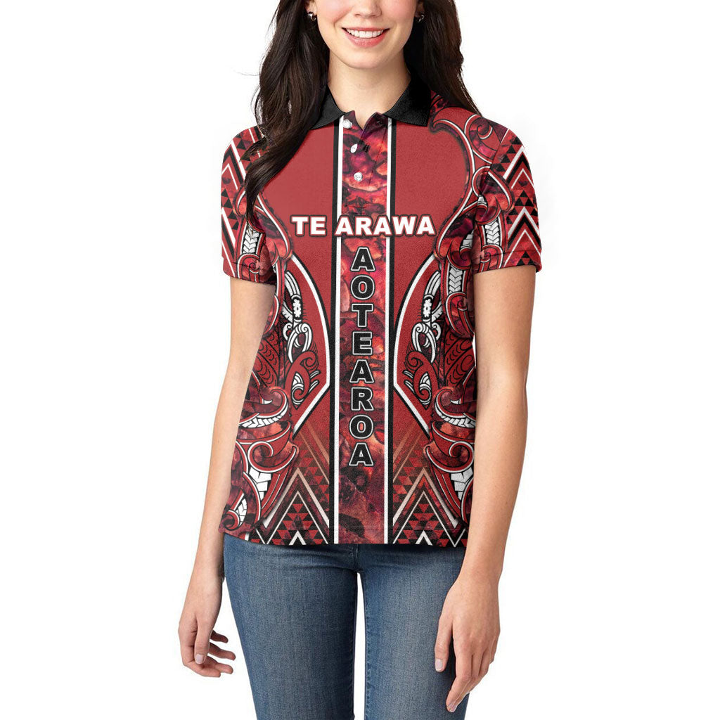 Aotearoa Te Arawa Women Polo Shirt Maori Tribal Dark Red Paua Shell Pattern