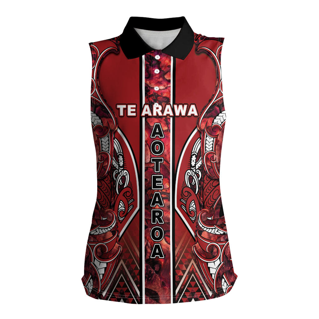 Aotearoa Te Arawa Women Sleeveless Polo Shirt Maori Tribal Dark Red Paua Shell Pattern