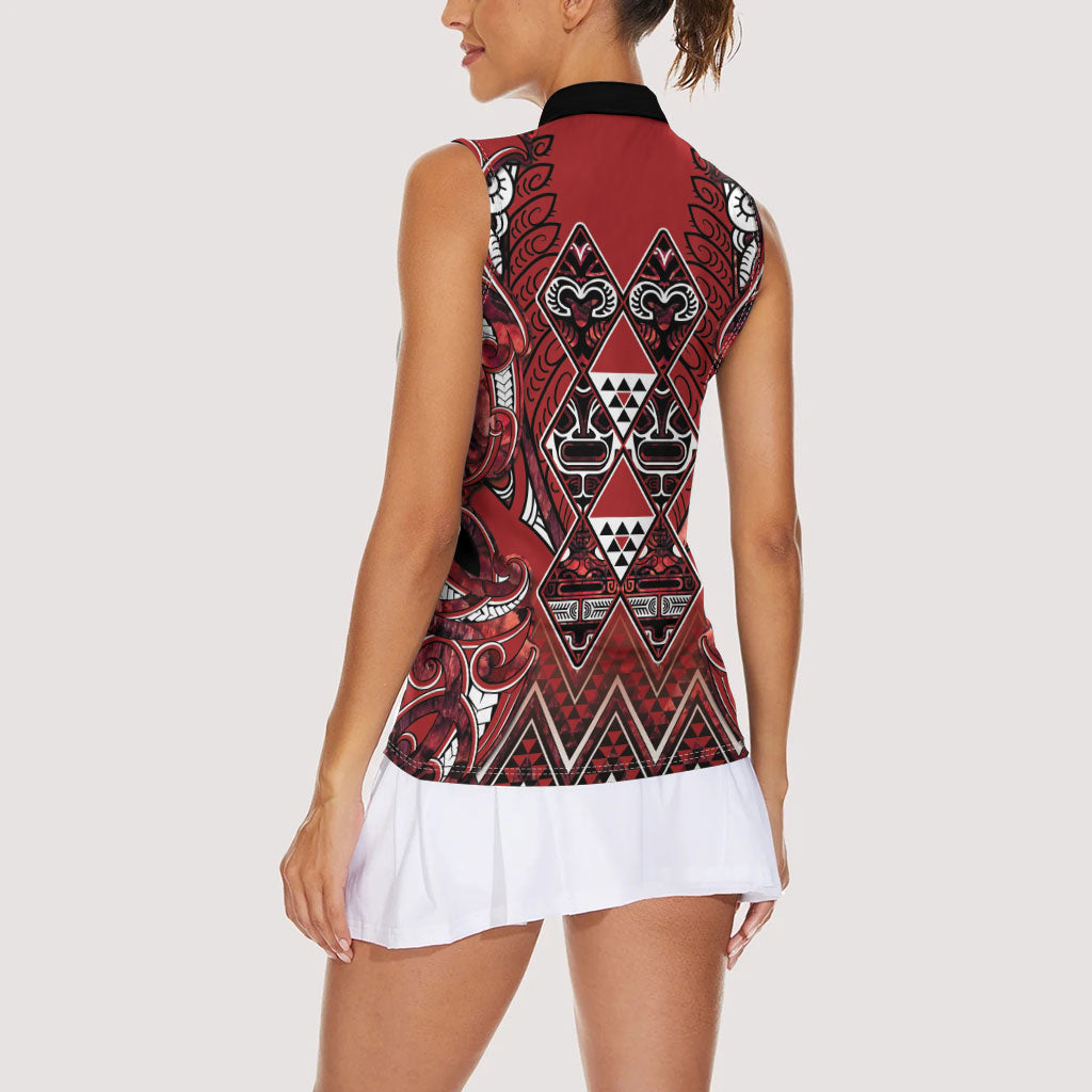 Aotearoa Te Arawa Women Sleeveless Polo Shirt Maori Tribal Dark Red Paua Shell Pattern