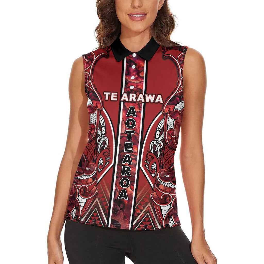 Aotearoa Te Arawa Women Sleeveless Polo Shirt Maori Tribal Dark Red Paua Shell Pattern