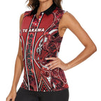 Aotearoa Te Arawa Women Sleeveless Polo Shirt Maori Tribal Dark Red Paua Shell Pattern
