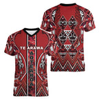 Aotearoa Te Arawa Women V-Neck T-Shirt Maori Tribal Dark Red Paua Shell Pattern