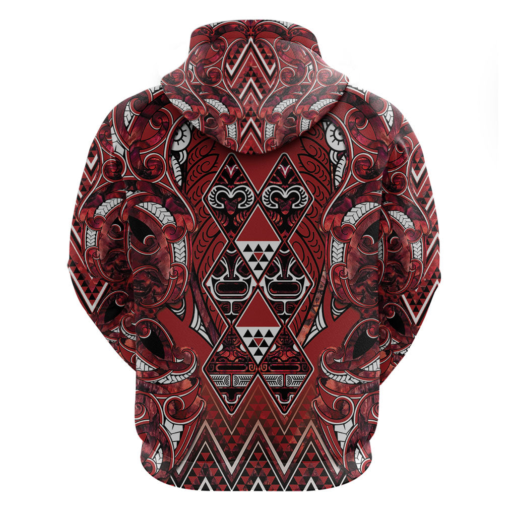 Aotearoa Te Arawa Zip Hoodie Maori Tribal Dark Red Paua Shell Pattern