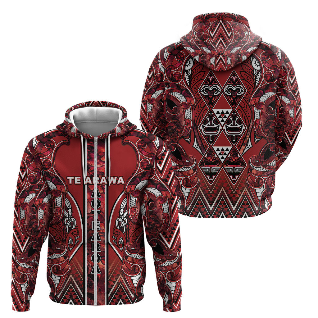 Aotearoa Te Arawa Zip Hoodie Maori Tribal Dark Red Paua Shell Pattern