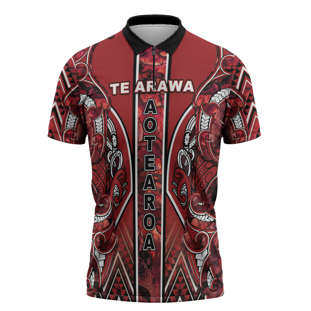 Aotearoa Te Arawa Zipper Polo Shirt Maori Tribal Dark Red Paua Shell Pattern