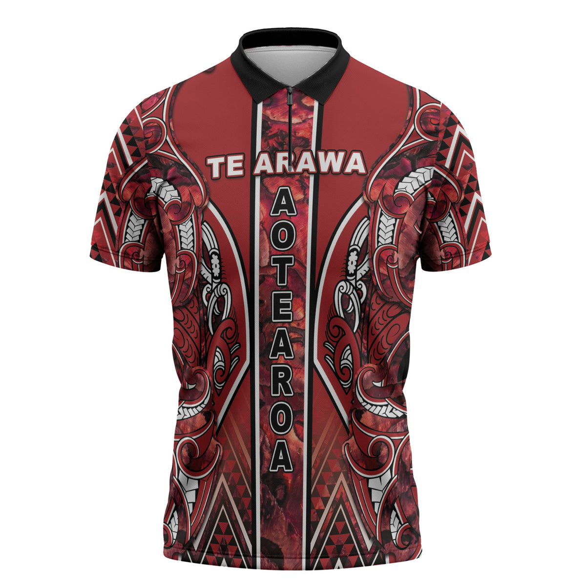 Aotearoa Te Arawa Zipper Polo Shirt Maori Tribal Dark Red Paua Shell Pattern