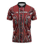 Aotearoa Te Arawa Zipper Polo Shirt Maori Tribal Dark Red Paua Shell Pattern