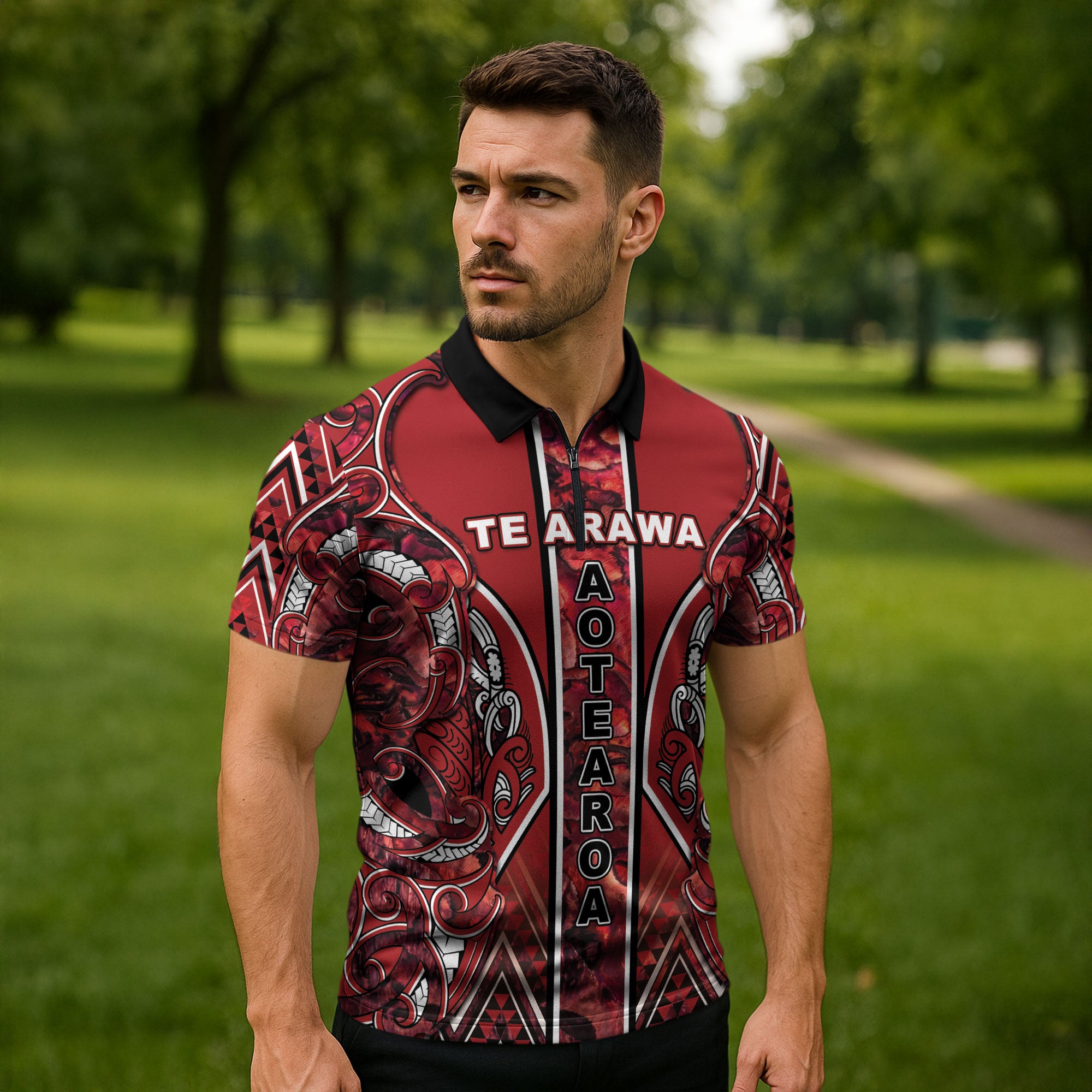 Aotearoa Te Arawa Zipper Polo Shirt Maori Tribal Dark Red Paua Shell Pattern