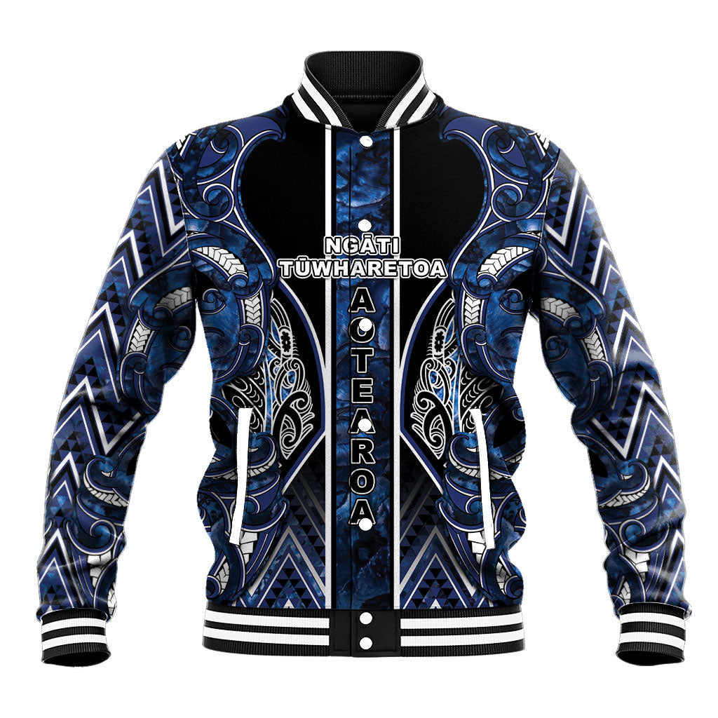 Aotearoa Tuwharetoa Baseball Jacket Maori Tribal Navy Paua Shell Pattern