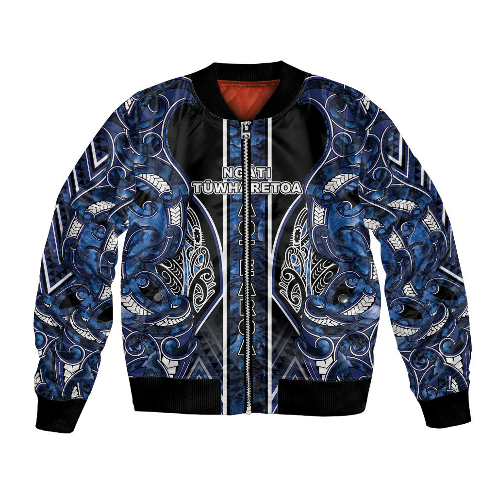 Aotearoa Tuwharetoa Bomber Jacket Maori Tribal Navy Paua Shell Pattern