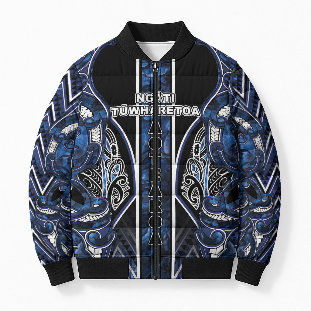 Aotearoa Tuwharetoa Bomber Puffer Jacket Maori Tribal Navy Paua Shell Pattern
