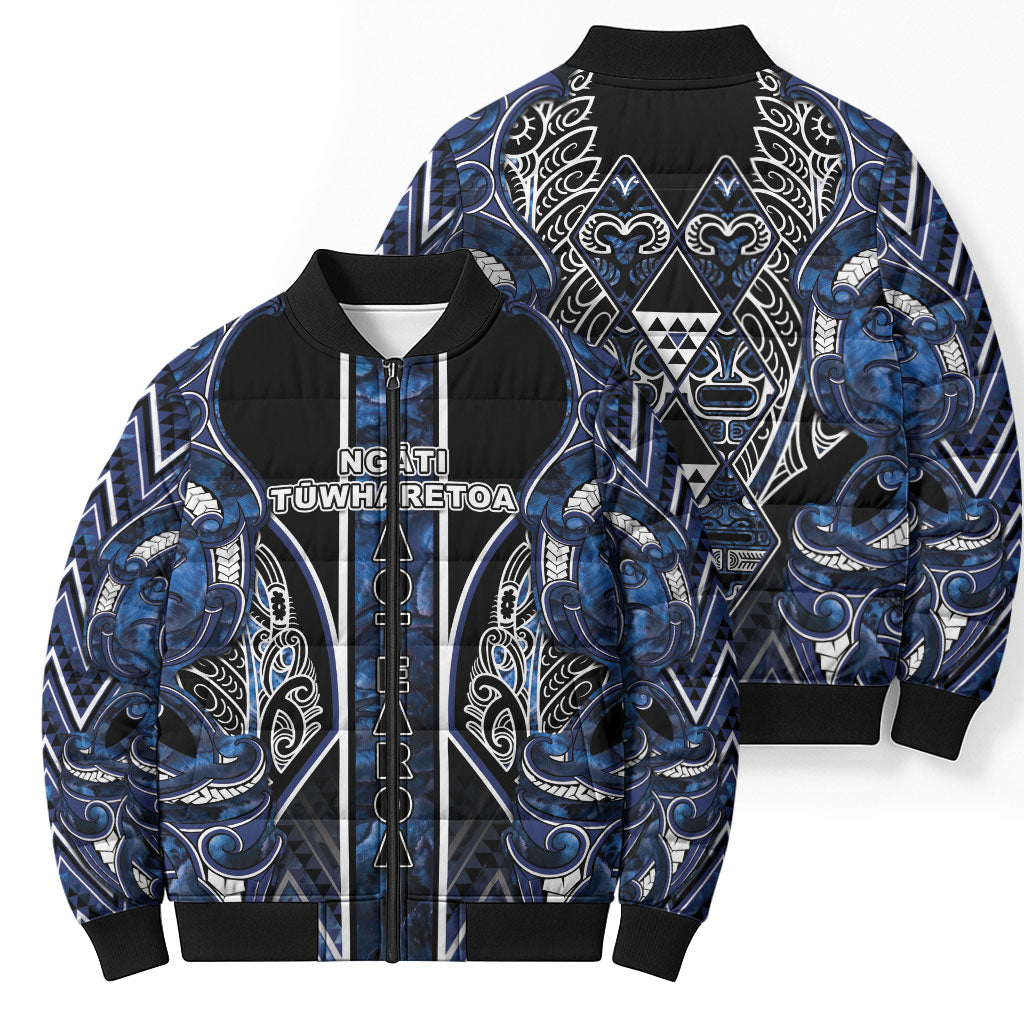 Aotearoa Tuwharetoa Bomber Puffer Jacket Maori Tribal Navy Paua Shell Pattern