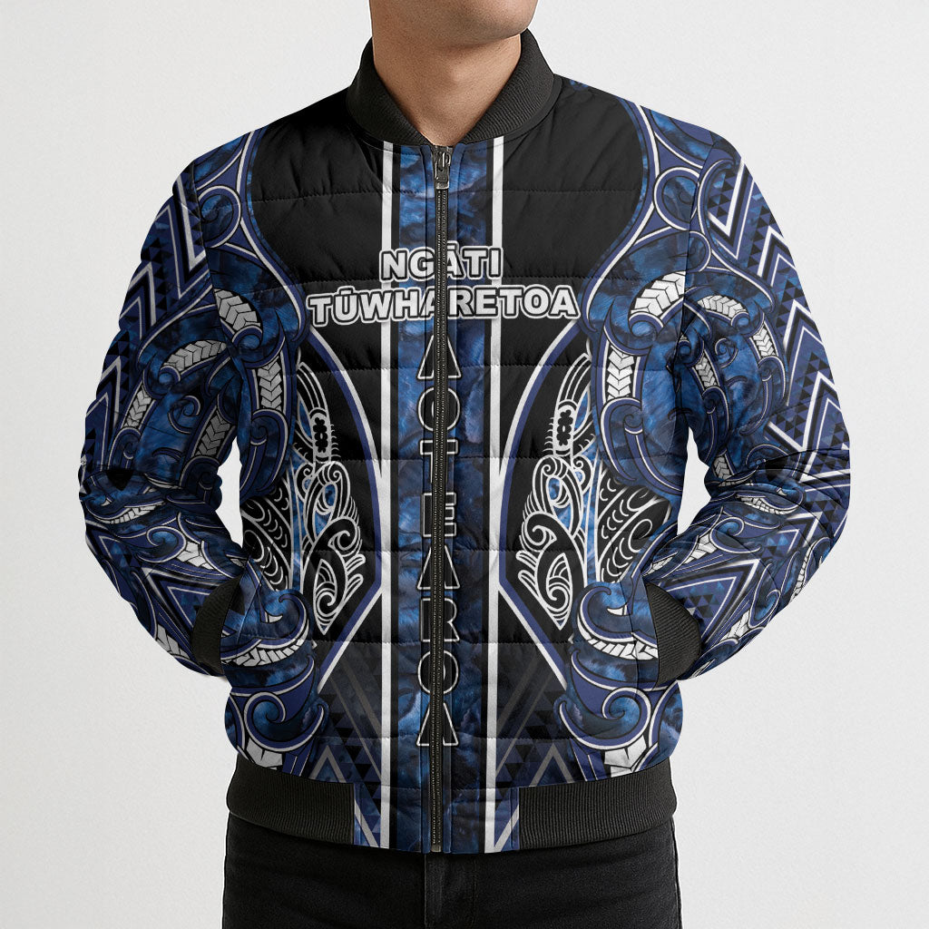 Aotearoa Tuwharetoa Bomber Puffer Jacket Maori Tribal Navy Paua Shell Pattern
