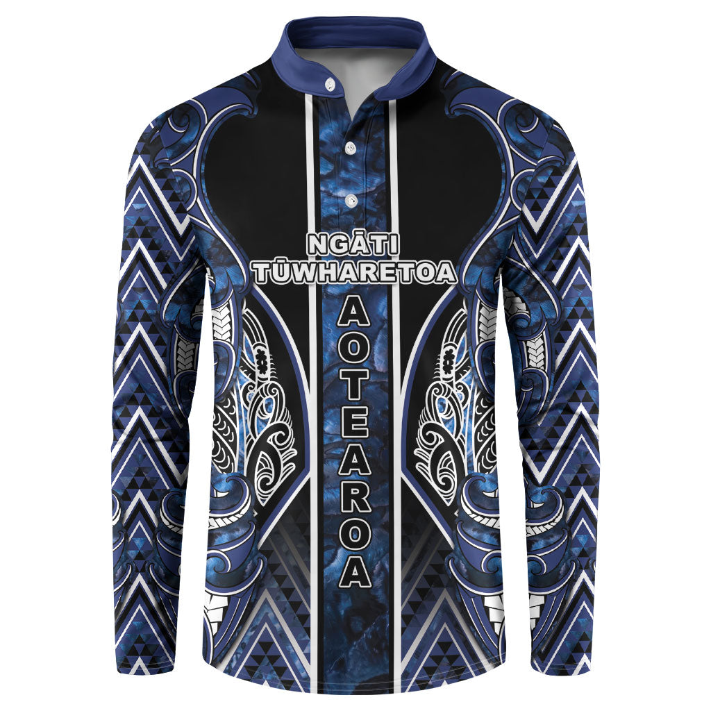 Aotearoa Tuwharetoa Button Sweatshirt Maori Tribal Navy Paua Shell Pattern