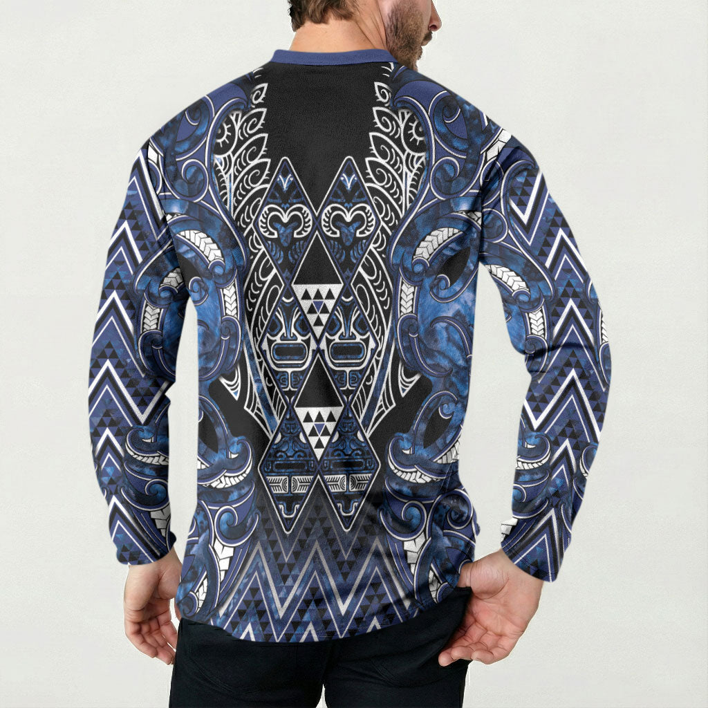 Aotearoa Tuwharetoa Button Sweatshirt Maori Tribal Navy Paua Shell Pattern