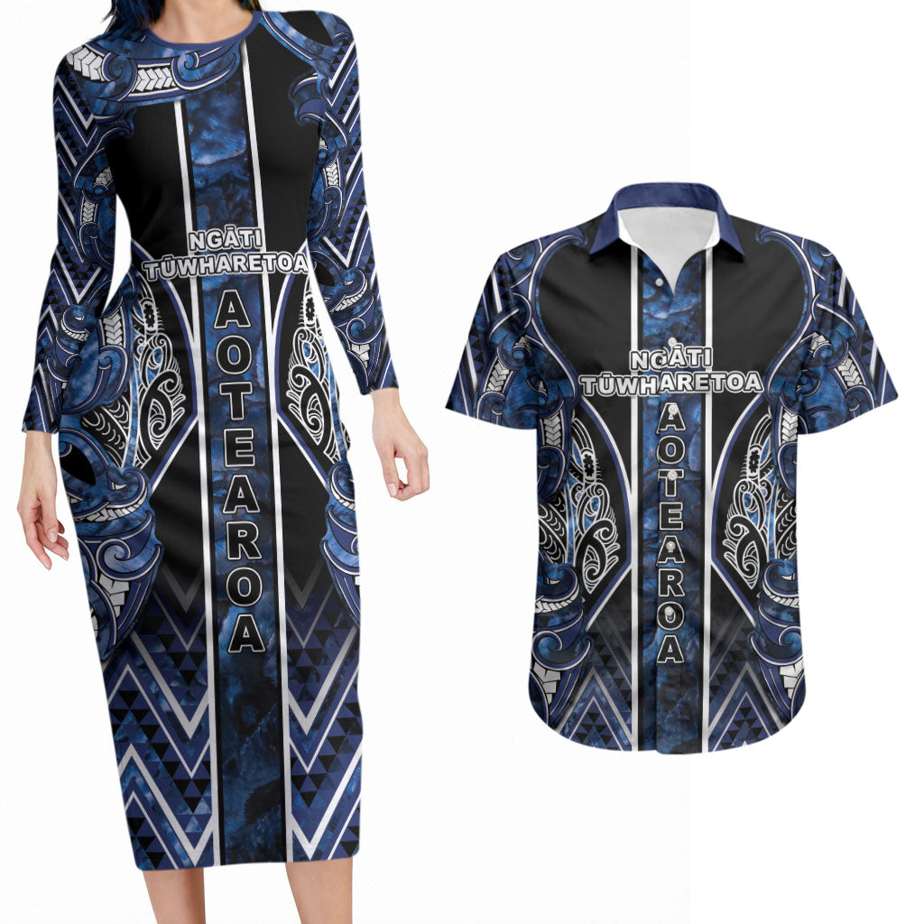 Aotearoa Tuwharetoa Couples Matching Long Sleeve Bodycon Dress and Hawaiian Shirt Maori Tribal Navy Paua Shell Pattern