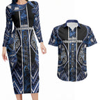 Aotearoa Tuwharetoa Couples Matching Long Sleeve Bodycon Dress and Hawaiian Shirt Maori Tribal Navy Paua Shell Pattern