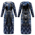Aotearoa Tuwharetoa Couples Matching Long Sleeve Bodycon Dress and Hawaiian Shirt Maori Tribal Navy Paua Shell Pattern
