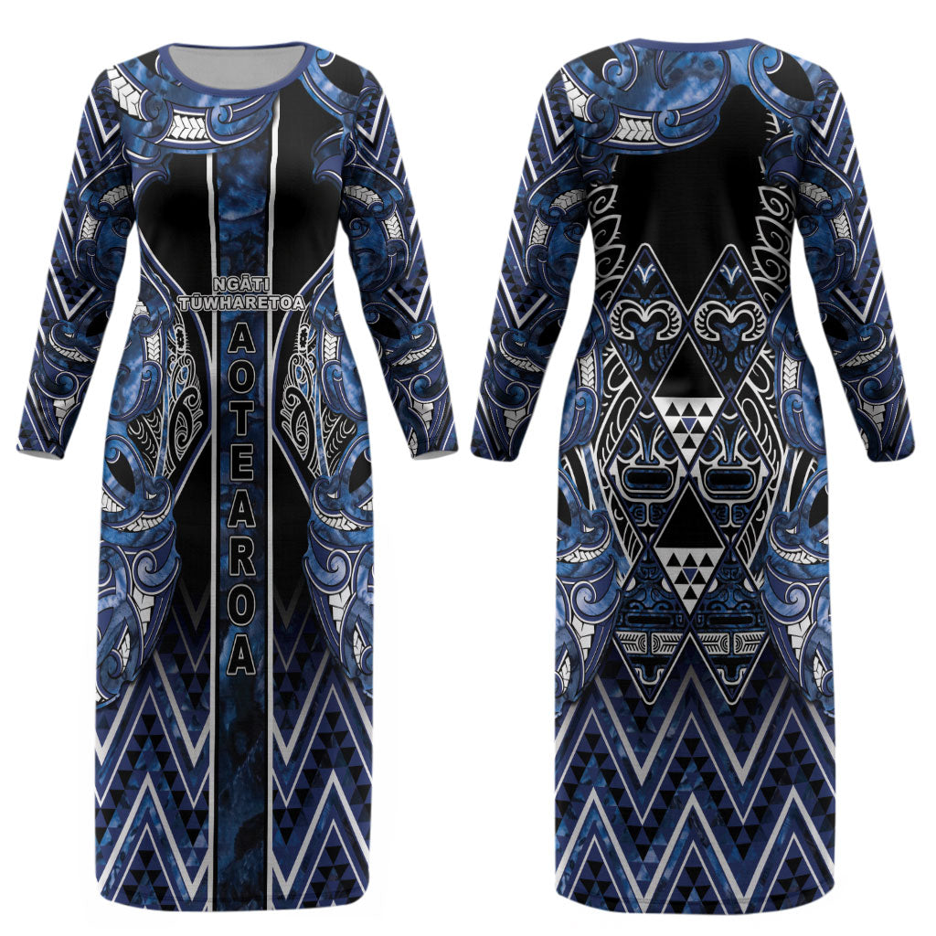 Aotearoa Tuwharetoa Couples Matching Long Sleeve Bodycon Dress and Hawaiian Shirt Maori Tribal Navy Paua Shell Pattern