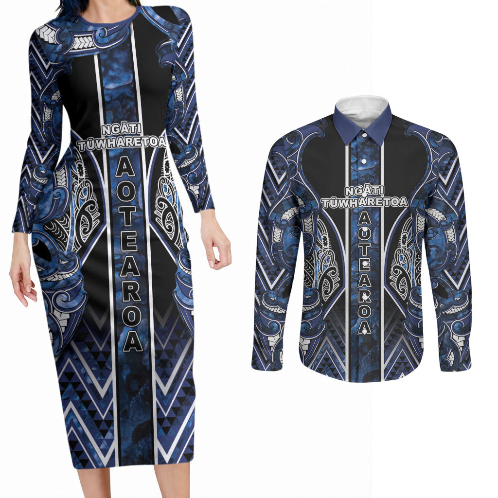 Aotearoa Tuwharetoa Couples Matching Long Sleeve Bodycon Dress and Long Sleeve Button Shirt Maori Tribal Navy Paua Shell Pattern