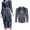 Aotearoa Tuwharetoa Couples Matching Long Sleeve Bodycon Dress and Long Sleeve Button Shirt Maori Tribal Navy Paua Shell Pattern