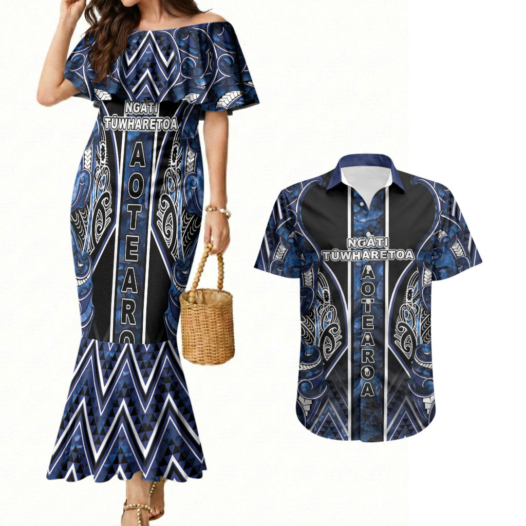 Aotearoa Tuwharetoa Couples Matching Mermaid Dress and Hawaiian Shirt Maori Tribal Navy Paua Shell Pattern