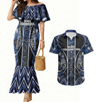 Aotearoa Tuwharetoa Couples Matching Mermaid Dress and Hawaiian Shirt Maori Tribal Navy Paua Shell Pattern