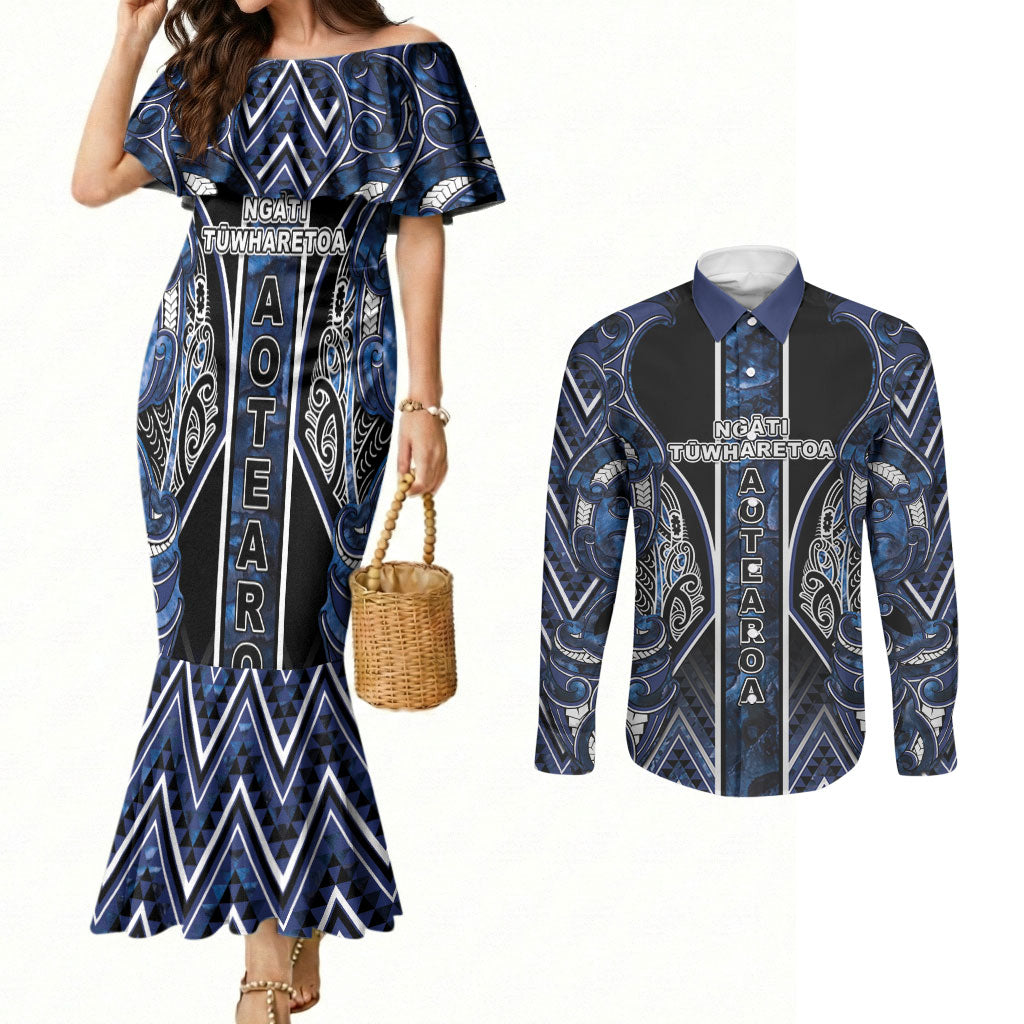 Aotearoa Tuwharetoa Couples Matching Mermaid Dress and Long Sleeve Button Shirt Maori Tribal Navy Paua Shell Pattern