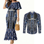Aotearoa Tuwharetoa Couples Matching Mermaid Dress and Long Sleeve Button Shirt Maori Tribal Navy Paua Shell Pattern