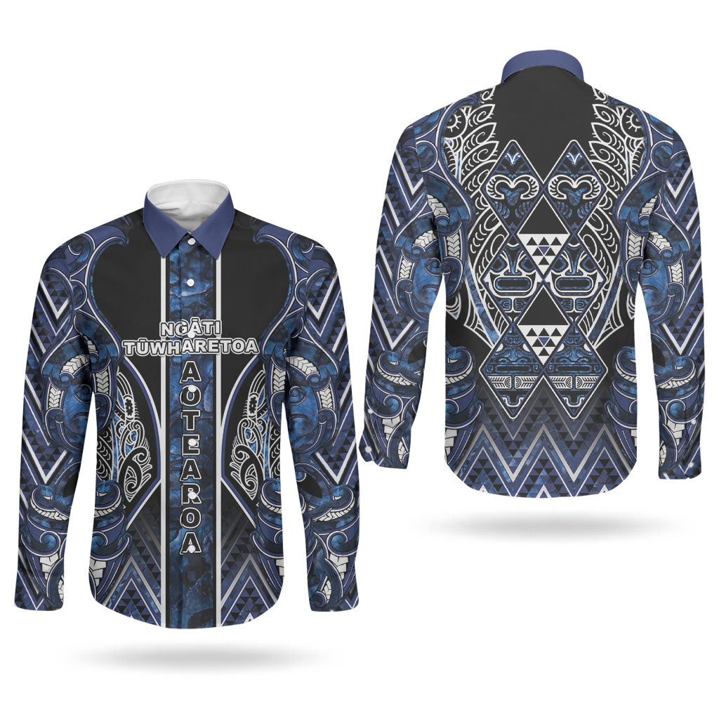 Aotearoa Tuwharetoa Couples Matching Mermaid Dress and Long Sleeve Button Shirt Maori Tribal Navy Paua Shell Pattern