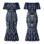 Aotearoa Tuwharetoa Couples Matching Mermaid Dress and Long Sleeve Button Shirt Maori Tribal Navy Paua Shell Pattern