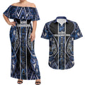 Aotearoa Tuwharetoa Couples Matching Off Shoulder Maxi Dress and Hawaiian Shirt Maori Tribal Navy Paua Shell Pattern