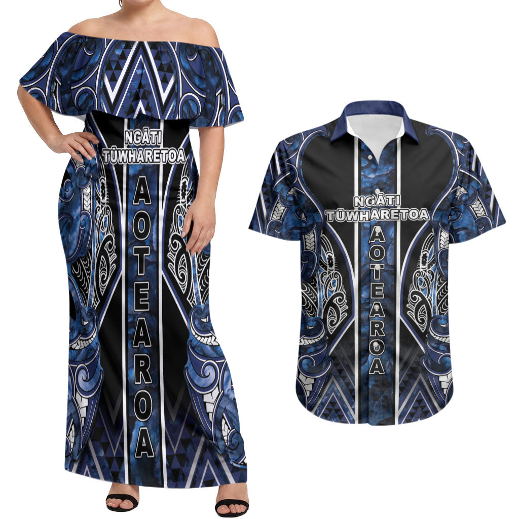 Aotearoa Tuwharetoa Couples Matching Off Shoulder Maxi Dress and Hawaiian Shirt Maori Tribal Navy Paua Shell Pattern