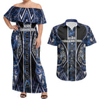 Aotearoa Tuwharetoa Couples Matching Off Shoulder Maxi Dress and Hawaiian Shirt Maori Tribal Navy Paua Shell Pattern