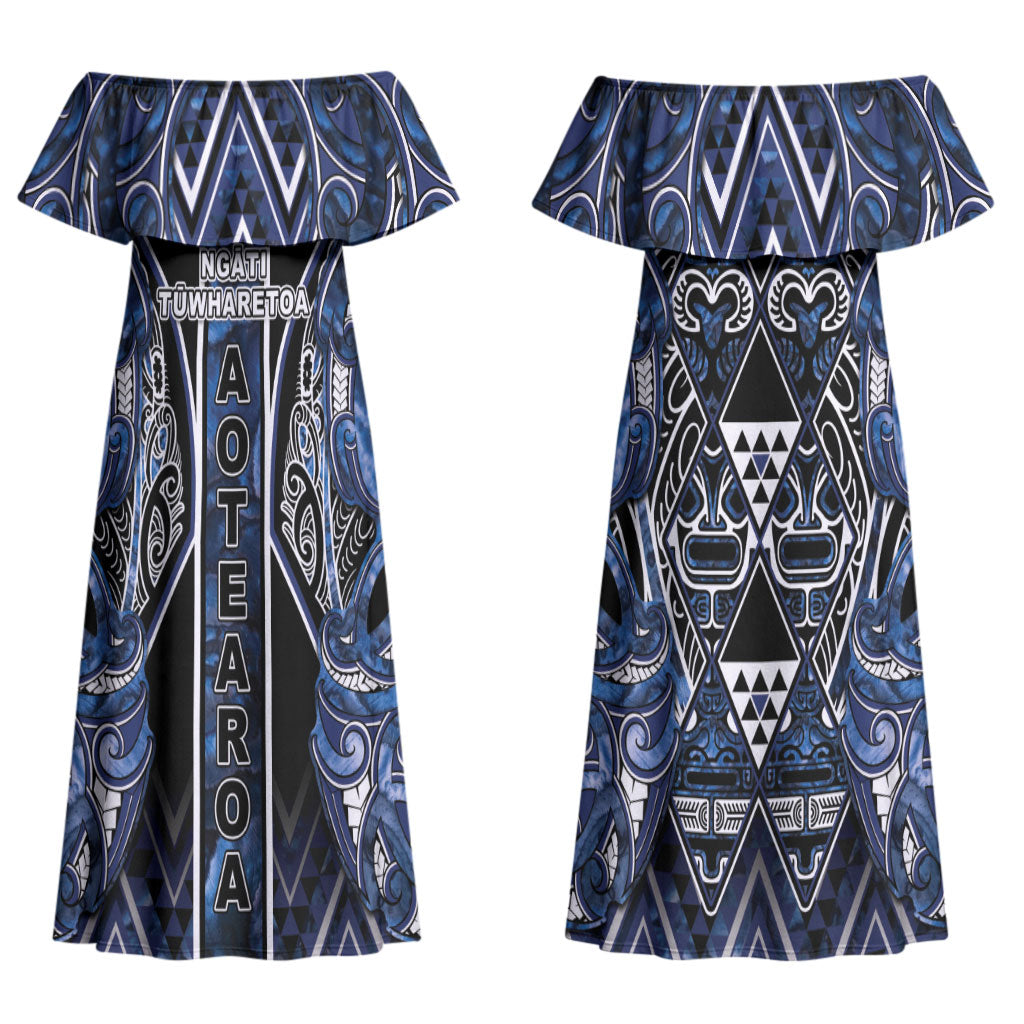 Aotearoa Tuwharetoa Couples Matching Off Shoulder Maxi Dress and Hawaiian Shirt Maori Tribal Navy Paua Shell Pattern