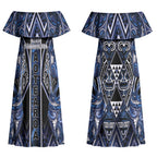 Aotearoa Tuwharetoa Couples Matching Off Shoulder Maxi Dress and Hawaiian Shirt Maori Tribal Navy Paua Shell Pattern