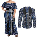 Aotearoa Tuwharetoa Couples Matching Off Shoulder Maxi Dress and Long Sleeve Button Shirt Maori Tribal Navy Paua Shell Pattern