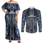 Aotearoa Tuwharetoa Couples Matching Off Shoulder Maxi Dress and Long Sleeve Button Shirt Maori Tribal Navy Paua Shell Pattern