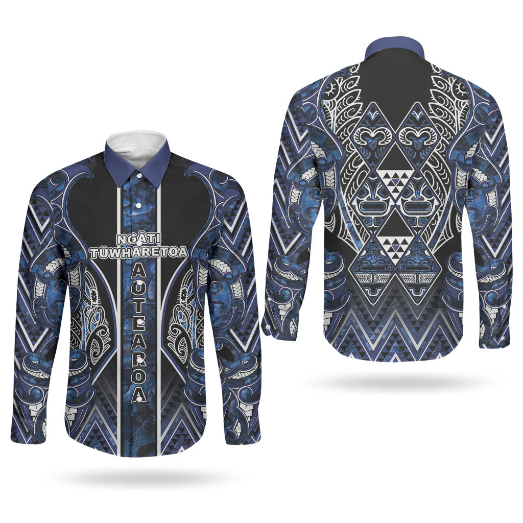 Aotearoa Tuwharetoa Couples Matching Off Shoulder Maxi Dress and Long Sleeve Button Shirt Maori Tribal Navy Paua Shell Pattern