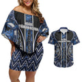 Aotearoa Tuwharetoa Couples Matching Off Shoulder Short Dress and Hawaiian Shirt Maori Tribal Navy Paua Shell Pattern