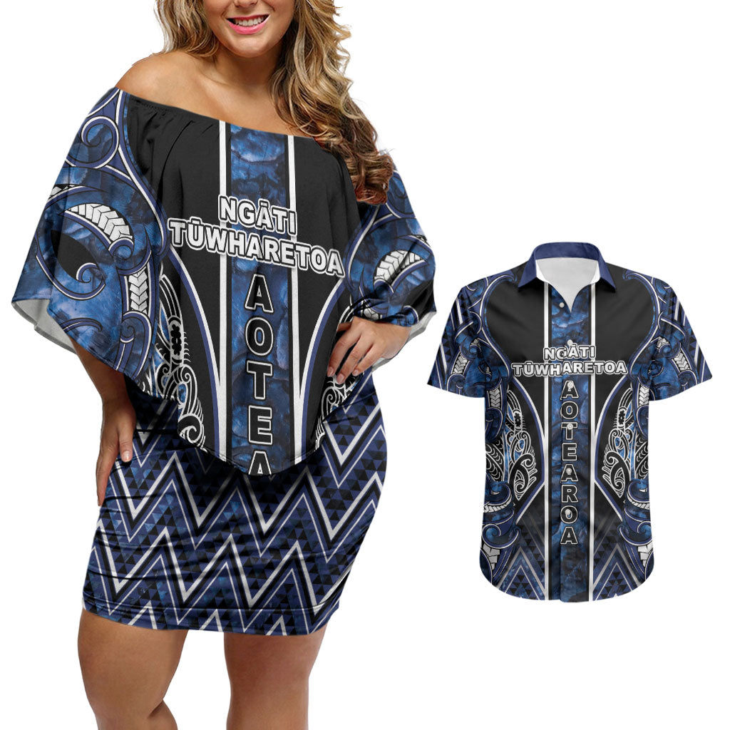Aotearoa Tuwharetoa Couples Matching Off Shoulder Short Dress and Hawaiian Shirt Maori Tribal Navy Paua Shell Pattern