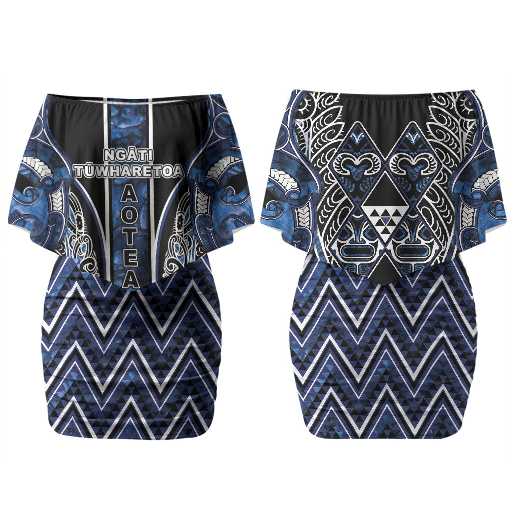 Aotearoa Tuwharetoa Couples Matching Off Shoulder Short Dress and Hawaiian Shirt Maori Tribal Navy Paua Shell Pattern