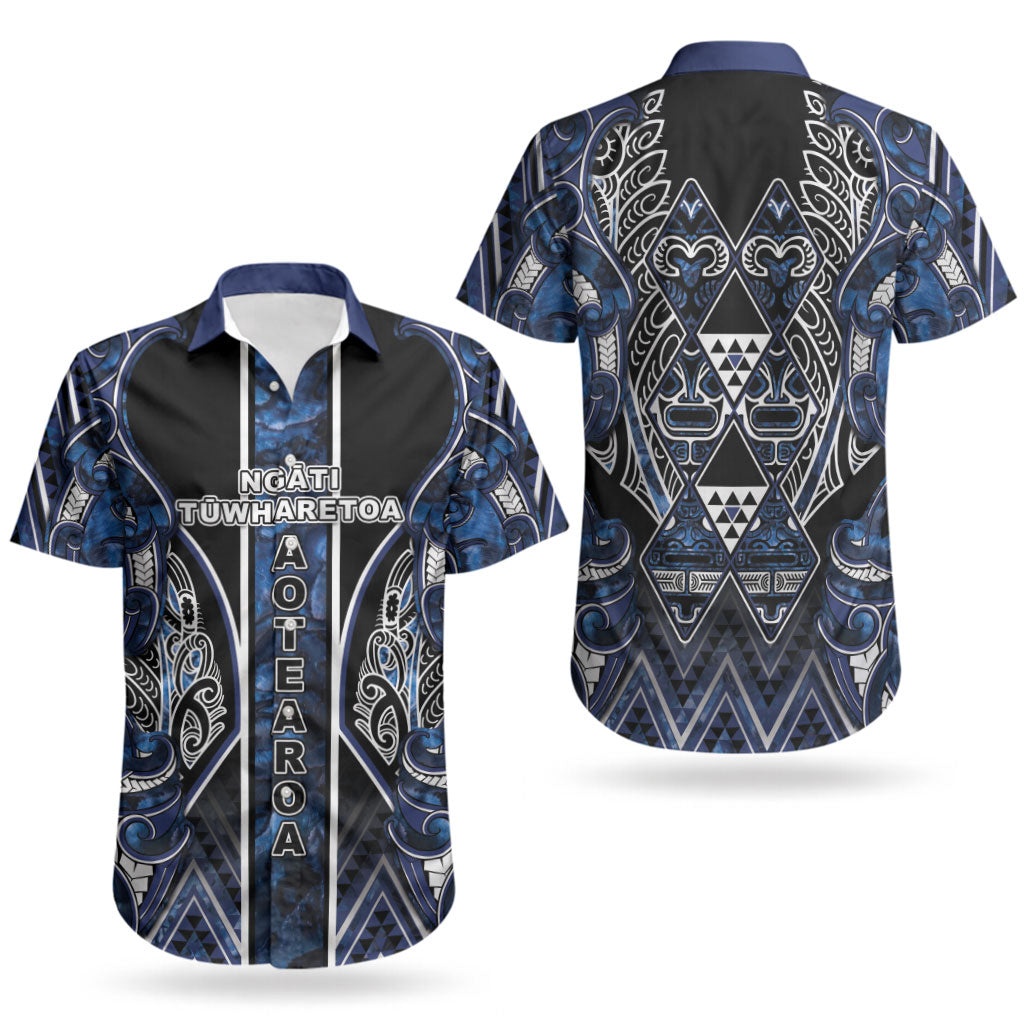 Aotearoa Tuwharetoa Couples Matching Off Shoulder Short Dress and Hawaiian Shirt Maori Tribal Navy Paua Shell Pattern