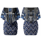 Aotearoa Tuwharetoa Couples Matching Off Shoulder Short Dress and Long Sleeve Button Shirt Maori Tribal Navy Paua Shell Pattern