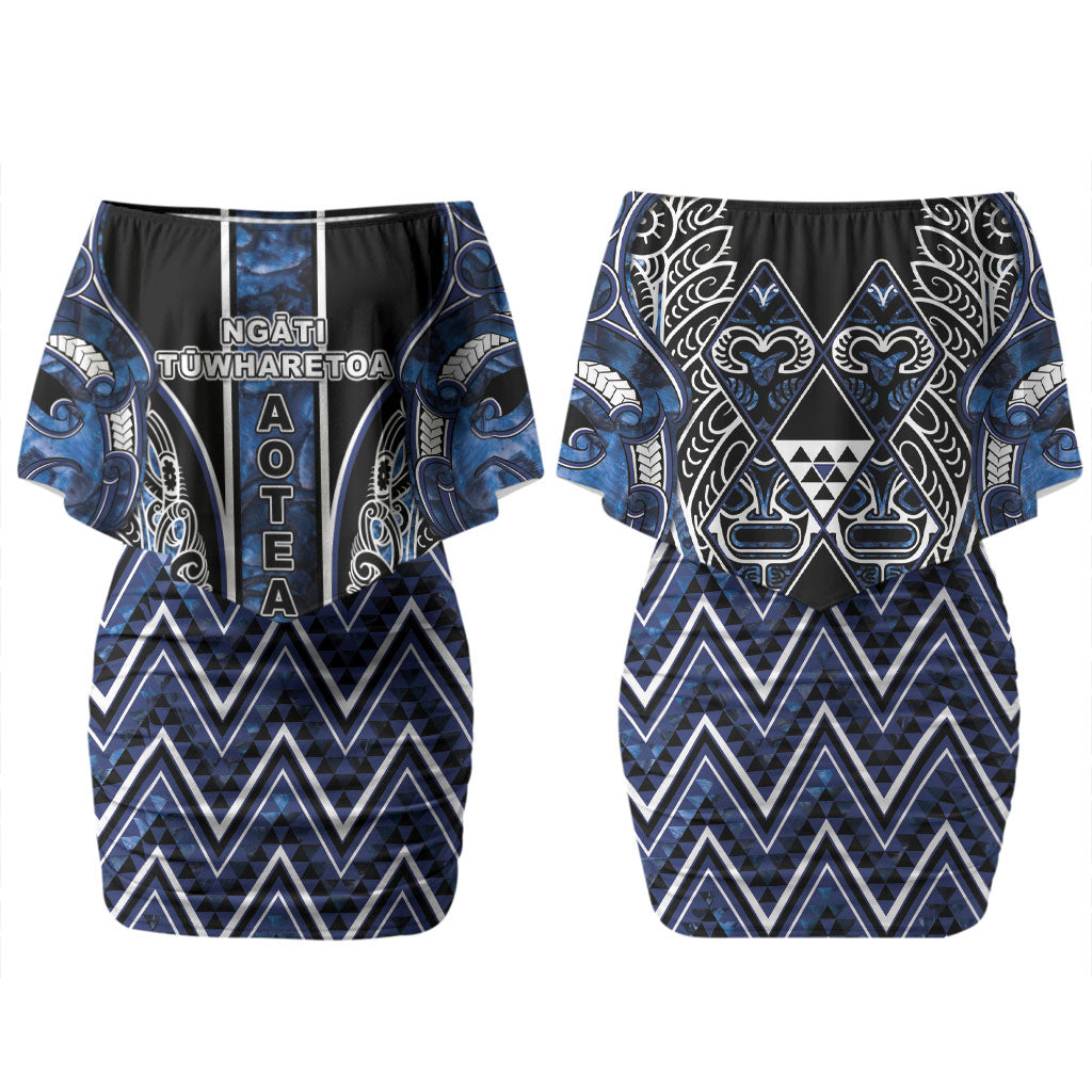 Aotearoa Tuwharetoa Couples Matching Off Shoulder Short Dress and Long Sleeve Button Shirt Maori Tribal Navy Paua Shell Pattern