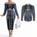Aotearoa Tuwharetoa Couples Matching Off The Shoulder Long Sleeve Dress and Long Sleeve Button Shirt Maori Tribal Navy Paua Shell Pattern