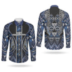 Aotearoa Tuwharetoa Couples Matching Off The Shoulder Long Sleeve Dress and Long Sleeve Button Shirt Maori Tribal Navy Paua Shell Pattern