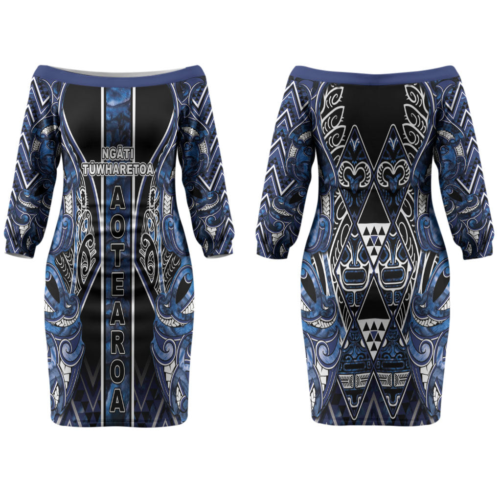 Aotearoa Tuwharetoa Couples Matching Off The Shoulder Long Sleeve Dress and Long Sleeve Button Shirt Maori Tribal Navy Paua Shell Pattern