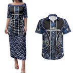 Aotearoa Tuwharetoa Couples Matching Puletasi and Hawaiian Shirt Maori Tribal Navy Paua Shell Pattern